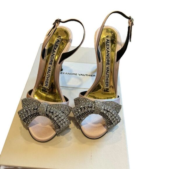 Revolve ALEXANDRE VAUTHIER Pink Satin Crystal Embellished Bow Slingback Heels - Picture 3 of 10